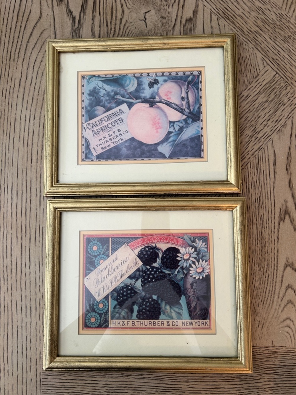 Vintage Fruit Label Art Prints in Gold Frames - Apricot & Blackberry